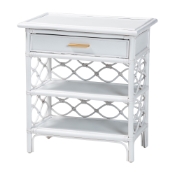 bali & pari Akane Natural Rattan Nightstand with Drawer and Open Shelves - Coastal Bedside Table with Lattice Design, White Baxton Studio restaurant furniture, hotel furniture, commercial furniture, wholesale bedroom furniture, wholesale night stand, classic night stand